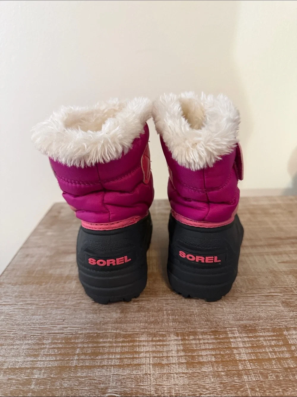 Sorel Toddler Snow Commander Pink Black Winter Boots Faux Fur Trim Size 5